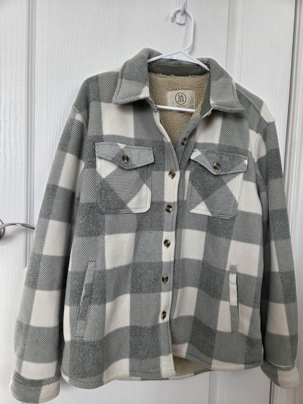 Light Green & Cream Plaid Sherpa-Lined Shacket